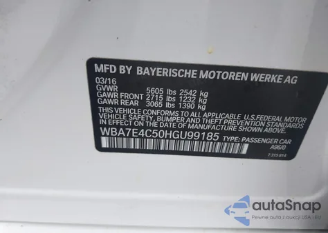 2017 BMW 740I xDrive из США, поврежденный, VIN WBA7E4C50HGU99185